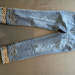 Chico's Dark Blue Cropped Jeans with Gold Embroidered Hem